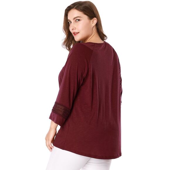 Women's Plus Size Crochet Panel Kimono Raglan Sleeves Tops Burgundy - Picture 5 of 6